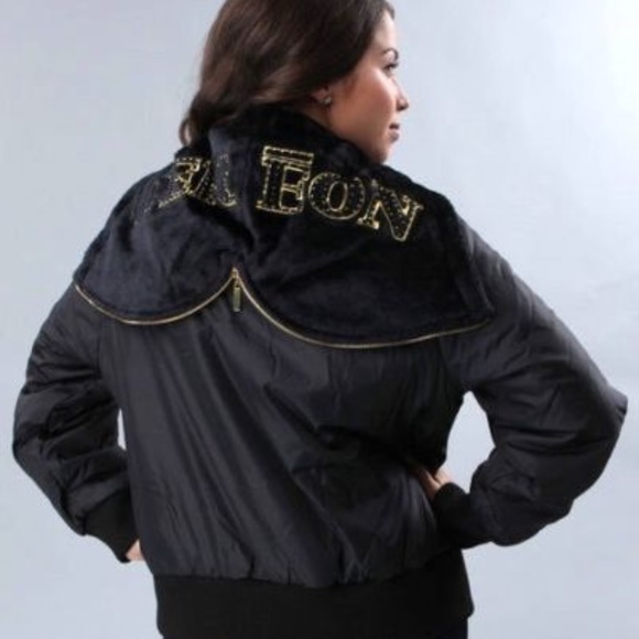NEW Black Dereon Y2K 00's Rhinestone Nylon Fur Hood Puffer Jacket Coat M - Picture 13 of 17
